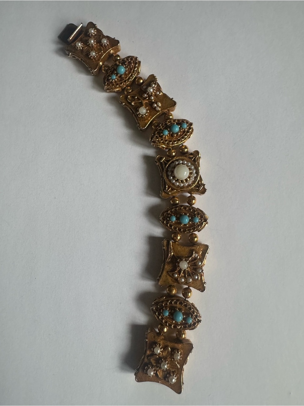 Vintage Signed ART Turquoise Pearl Link Bracelet (Missing 1 Stone / AS IS)